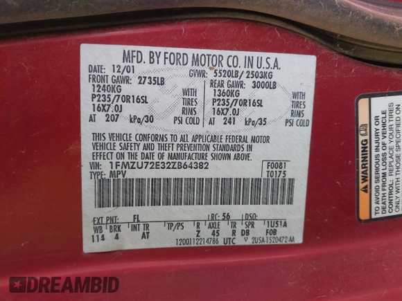 2002 Ford Explorer XLS with VIN 1FMZU72E32ZB64382, listed as a IAAI auction lot 41720073 with Not Provided miles and . Bid and sale history available at DreamBid. Image 9.