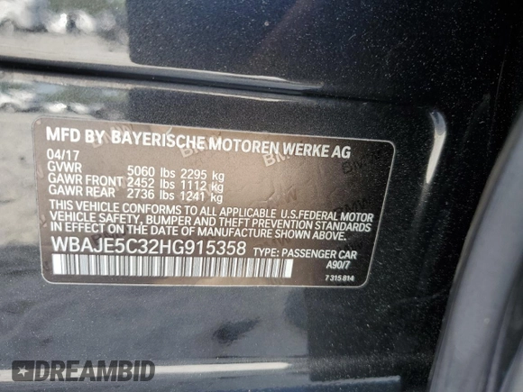 2017 BMW 5 Series 540i с VIN WBAJE5C32HG915358, выставлен на аукционе Copart как лот 53933575 с пробегом 97 955 миль миль и Списание • Salvage title. История ставок и продаж доступна на DreamBid. Изображение 12.