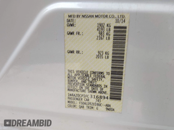 2015 Nissan LEAF SV with VIN 1N4AZ0CP1FC316894, listed as a IAAI auction lot 41826724 with 57,195 mi miles. Bid and sale history available at carsss.com. Image 9.