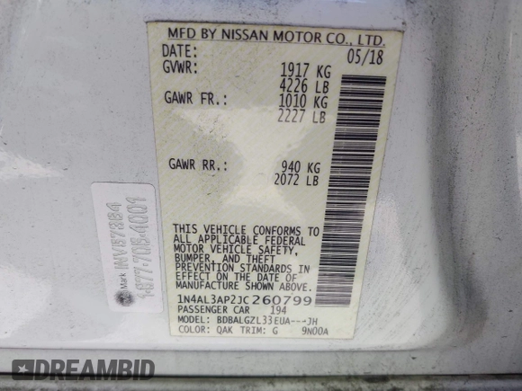 2018 Nissan Altima S with VIN 1N4AL3AP2JC260799, listed as a IAAI auction lot 42086074 with 103,806 mi miles and . Bid and sale history available at DreamBid. Image 9.