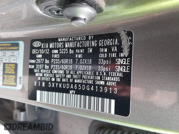 2013 Kia Sorento EX z VIN 5XYKUDA65DG413913, wystawiony jako IAAI lot #42256920 z przebiegiem 115 829 mil mil oraz . Historia ofert i sprzedaży dostępna na DreamBid. Obrazek 9.