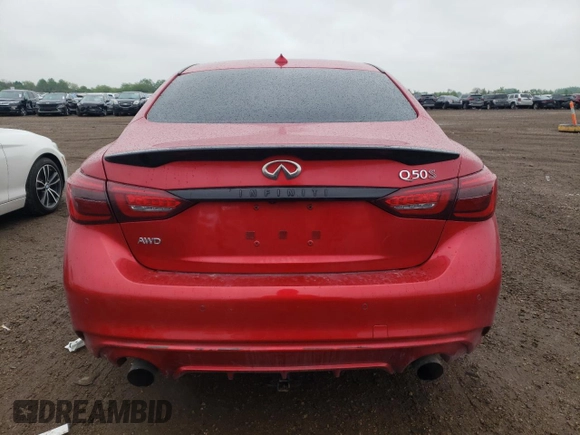 2022 Infiniti Q50 Red Sport 400 with VIN JN1FV7DR9NM390256, listed as a Copart auction lot 57094225 with 52,307 mi miles and Salvage title. Bid and sale history available at DreamBid. Image 6.