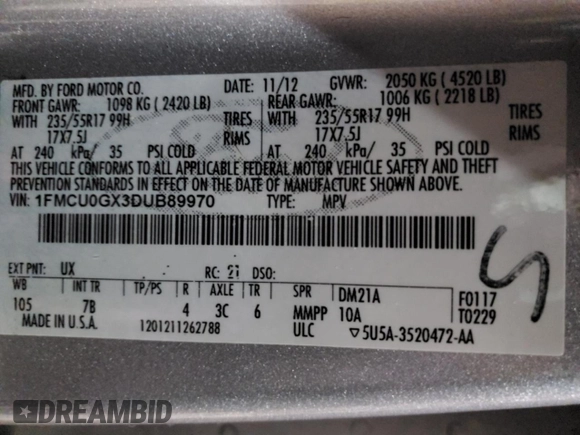 2013 Ford Escape SE с VIN 1FMCU0GX3DUB89970, выставлен на аукционе Copart как лот 89129775 с пробегом 141 223 миль миль и На запчасти • Non repairable. История ставок и продаж доступна на DreamBid. Изображение 13.