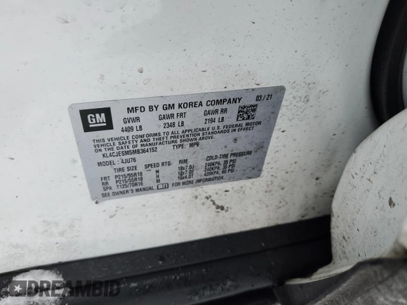 2021 Buick Encore Preferred with VIN KL4CJESM5MB364152, listed as a Copart auction lot 42417855 with 56,259 mi miles and Salvage Title. Bid and sale history available at DreamBid. Image 15.