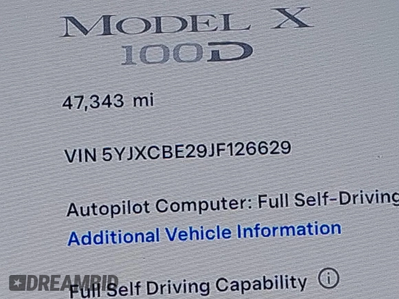 2018 Tesla Model X 75D with VIN 5YJXCBE29JF126629, listed as a IAAI auction lot 42205838 with 47,343 mi miles and . Bid and sale history available at DreamBid. Image 16.