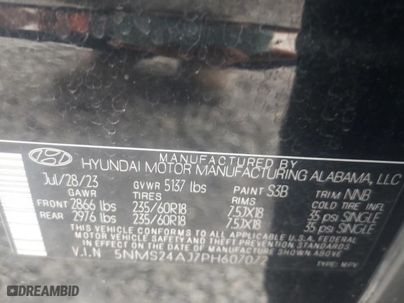 2023 Hyundai Santa Fe SEL with VIN 5NMS24AJ7PH607072, listed as a Copart auction lot 51494685 with 16,453 mi miles and Salvage Title. Bid and sale history available at carsss.com. Image 13.