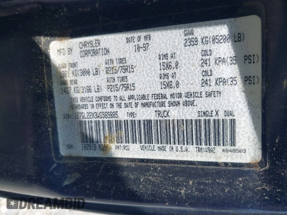 1998 Dodge Dakota SLT with VIN 1B7GL22X3WS569885, listed as a IAAI auction lot 42128994 with 1 mi miles. Bid and sale history available at carsss.com. Image 9.