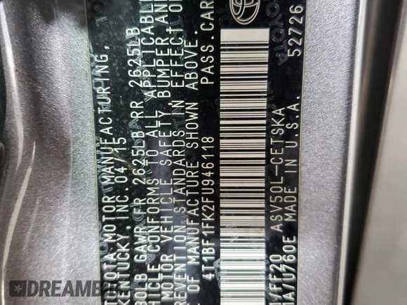 2015 Toyota Camry XLE с VIN 4T1BF1FK2FU946118, выставлен на аукционе Copart как лот 57702045 с пробегом 180 995 миль миль и Списание • Salvage title. История ставок и продаж доступна на DreamBid. Изображение 12.