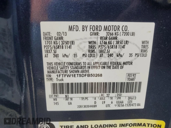 2013 Ford F-150 XL with VIN 1FTFW1ET5DFB50268, listed as a Copart auction lot 69648514 with 143,311 mi miles and Salvage Title. Bid and sale history available at carsss.com. Image 12.