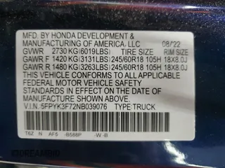 2022 Honda Ridgeline RTL-E with VIN 5FPYK3F72NB039076, listed as a Copart auction lot 53978815 with 55,828 mi miles and Salvage Title. Bid and sale history available at DreamBid. Image 12.