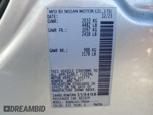 2024 Nissan Altima 2.5 SV with VIN 1N4BL4DW5RN359498, listed as a Copart auction lot 89359035 with 29,319 mi miles and Salvage Title. Bid and sale history available at carsss.com. Image 12.