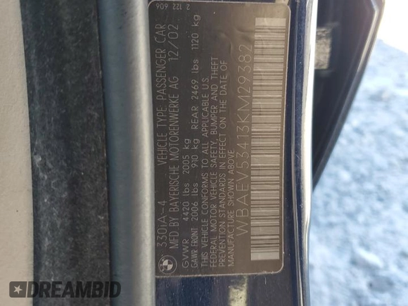 2003 BMW 3 Series 330i with VIN WBAEV53413KM29382, listed as a Copart auction lot 49380555 with 144,647 mi miles and Salvage Title. Bid and sale history available at carsss.com. Image 12.