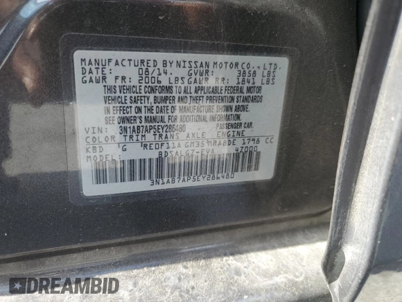 2014 Nissan Sentra SV with VIN 3N1AB7AP5EY286480, listed as a Copart auction lot 55511445 with 124,941 mi miles and Salvage Title. Bid and sale history available at DreamBid. Image 12.