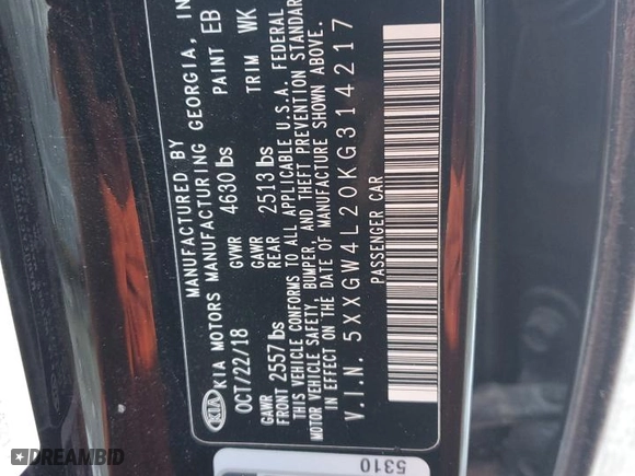2019 Kia Optima SX with VIN 5XXGW4L20KG314217, listed as a Copart auction lot 46208225 with 106,473 mi miles and Salvage Title. Bid and sale history available at carsss.com. Image 13.