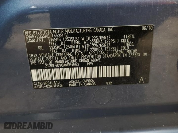 2010 Toyota RAV4 Limited с VIN 2T3DF4DV0AW064663, выставлен на аукционе Copart как лот 58129095 с пробегом 183 689 миль миль и Списание • Salvage title. История ставок и продаж доступна на DreamBid. Изображение 13.