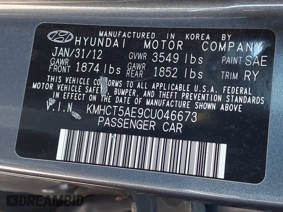 2012 Hyundai Accent GS with VIN KMHCT5AE9CU046673, listed as a IAAI auction lot 41916784 with 110,782 mi miles. Bid and sale history available at carsss.com. Image 9.