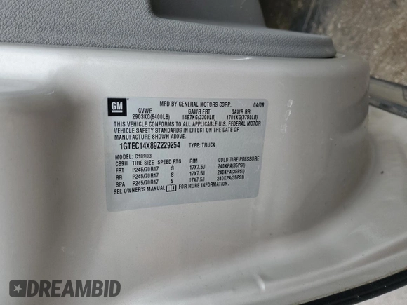 2009 GMC Sierra 1500 Work Truck z VIN 1GTEC14X89Z229254, wystawiony jako Copart lot #54683035 z przebiegiem 121 360 mil mil oraz Szkoda całkowita • Salvage title. Historia ofert i sprzedaży dostępna na DreamBid. Obrazek 12.