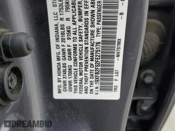 2015 Honda Civic LX z VIN 19XFB2F52FE275176, wystawiony jako Copart lot #53831585 z przebiegiem 142 435 mil mil oraz Szkoda całkowita • Salvage title. Historia ofert i sprzedaży dostępna na DreamBid. Obrazek 13.