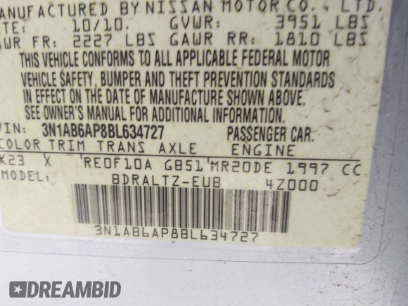 2011 Nissan Sentra 2.0 with VIN 3N1AB6AP8BL634727, listed as a IAAI auction lot 41314384 with 128,005 mi miles and . Bid and sale history available at DreamBid. Image 9.