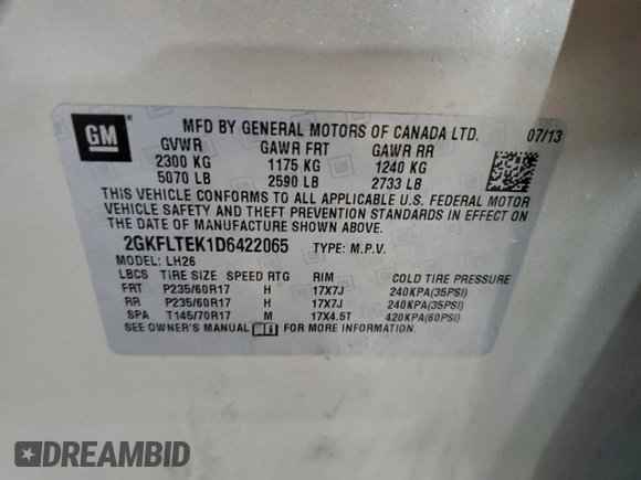 2013 GMC Terrain SLE with VIN 2GKFLTEK1D6422065, listed as a Copart auction lot 54592345 with 185,466 mi miles and Salvage title. Bid and sale history available at DreamBid. Image 13.