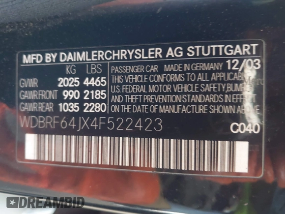 2004 Mercedes-Benz C 320 z VIN WDBRF64JX4F522423, wystawiony jako IAAI lot #42287731 z przebiegiem Nie podano mil oraz . Historia ofert i sprzedaży dostępna na DreamBid. Obrazek 9.