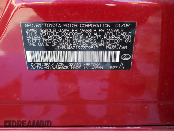 2009 Lexus ES 330 with VIN JTHBJ46G192309817, listed as a Copart auction lot 54960445 with 104,306 mi miles and Salvage Title. Bid and sale history available at DreamBid. Image 12.