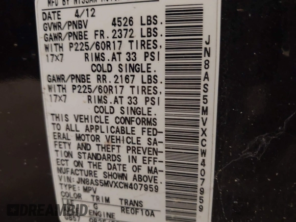 2012 Nissan Rogue S with VIN JN8AS5MVXCW407959, listed as a IAAI auction lot 42748633 with 133,068 mi miles and . Bid and sale history available at DreamBid. Image 9.