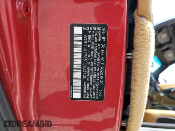 2001 Porsche Boxster with VIN WP0CA29851U623400, listed as a Copart auction lot 60160725 with Not provided miles and Salvage title. Bid and sale history available at DreamBid. Image 12.