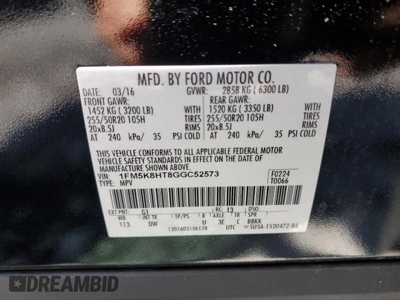 2016 Ford Explorer Platinum z VIN 1FM5K8HT8GGC52573, wystawiony jako Copart lot #57137975 z przebiegiem 146 451 mil mil oraz Szkoda całkowita • Salvage title. Historia ofert i sprzedaży dostępna na DreamBid. Obrazek 13.