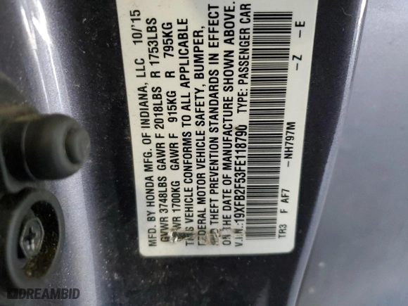 2015 Honda Civic Sedan LX with VIN 19XFB2F53FE118790, listed as a Copart auction lot 46921465 with 284,965 mi miles and Salvage Title. Bid and sale history available at carsss.com. Image 14.