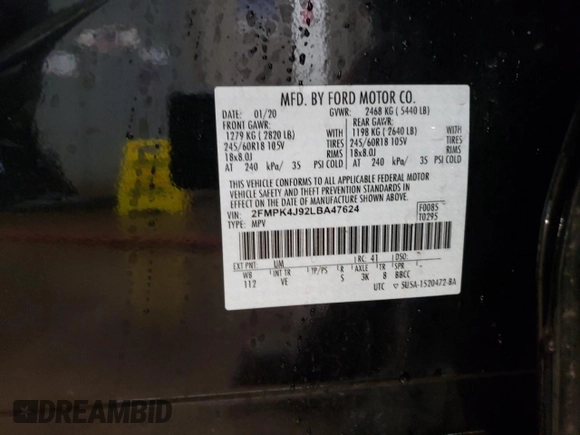 2020 Ford Edge SEL with VIN 2FMPK4J92LBA47624, listed as a Copart auction lot 52529195 with 70,773 mi miles and Salvage Title. Bid and sale history available at DreamBid. Image 12.