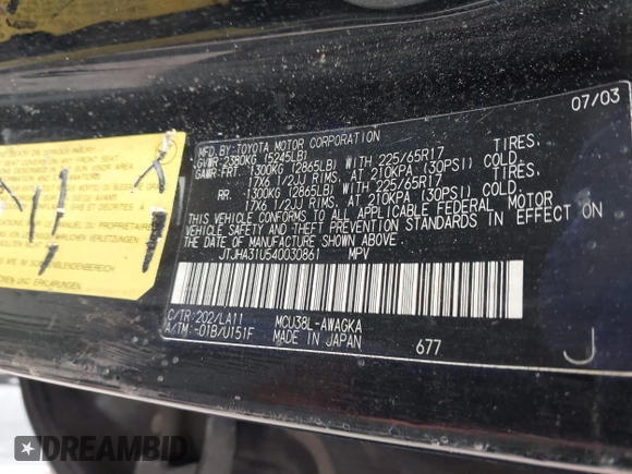 2004 Lexus RX 330 with VIN JTJHA31U540030861, listed as a IAAI auction lot 42021328 with Not Provided miles and . Bid and sale history available at DreamBid. Image 9.