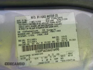 2006 Ford Taurus z VIN 1FAHP56U56A216490, wystawiony jako IAAI lot #41142565 z przebiegiem 189 796 mil mil oraz . Historia ofert i sprzedaży dostępna na DreamBid. Obrazek 9.