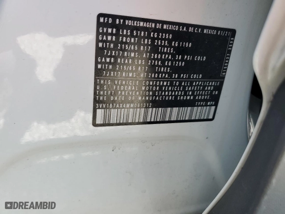 2021 Volkswagen Tiguan S with VIN 3VV1B7AX4MM061312, listed as a Copart auction lot 47909185 with 42,100 mi miles and Salvage Title. Bid and sale history available at carsss.com. Image 15.