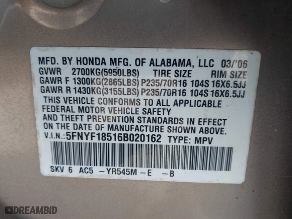 2006 Honda Pilot EX-L with VIN 5FNYF18516B020162, listed as a IAAI auction lot 41799229 with 304,627 mi miles. Bid and sale history available at carsss.com. Image 9.