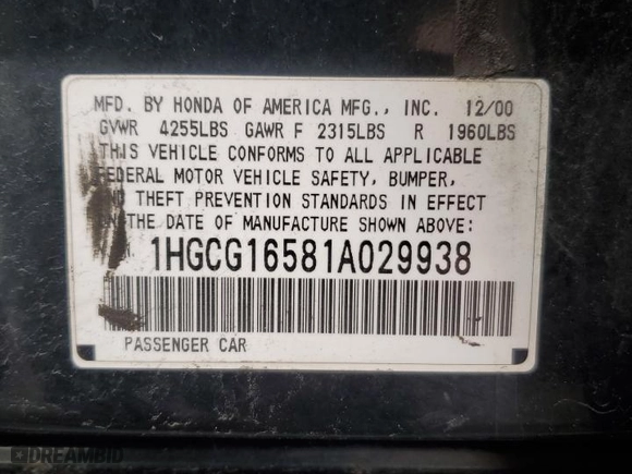 2001 Honda Accord Sdn EX w/Leather with VIN 1HGCG16581A029938, listed as a Copart auction lot 49724425 with 318,647 mi miles and Non Repairable. Bid and sale history available at carsss.com. Image 12.