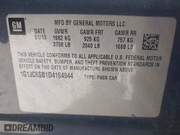 2013 Chevrolet Sonic LT with VIN 1G1JC6SB1D4164944, listed as a IAAI auction lot 41496975 with 96,987 mi miles. Bid and sale history available at carsss.com. Image 9.