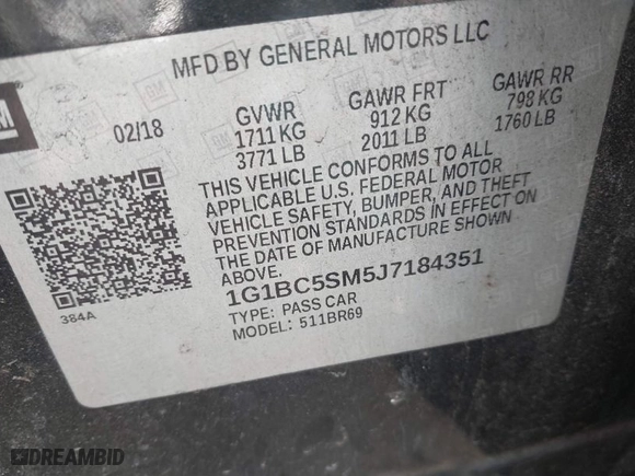 2018 Chevrolet Cruze LS with VIN 1G1BC5SM5J7184351, listed as a IAAI auction lot 41672109 with 117,143 mi miles. Bid and sale history available at carsss.com. Image 9.