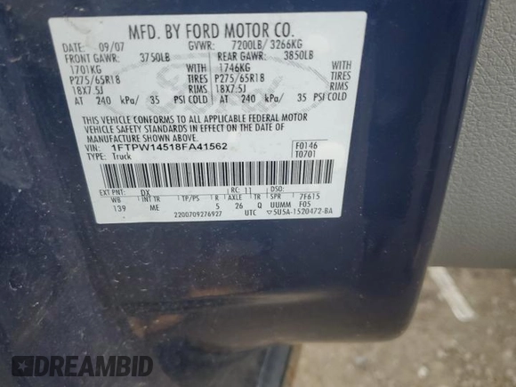 2008 Ford F-150 XLT with VIN 1FTPW14518FA41562, listed as a Copart auction lot 62274875 with 213,840 mi miles and Clean title. Bid and sale history available at DreamBid. Image 12.