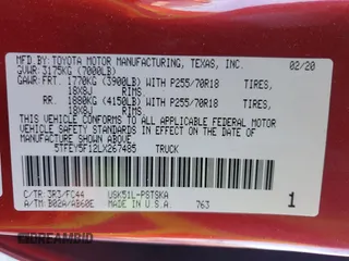 2020 Toyota Tundra 2WD SR5 with VIN 5TFEY5F12LX267485, listed as a Copart auction lot 74507304 with 0 mi miles and Non Repairable. Bid and sale history available at carsss.com. Image 14.