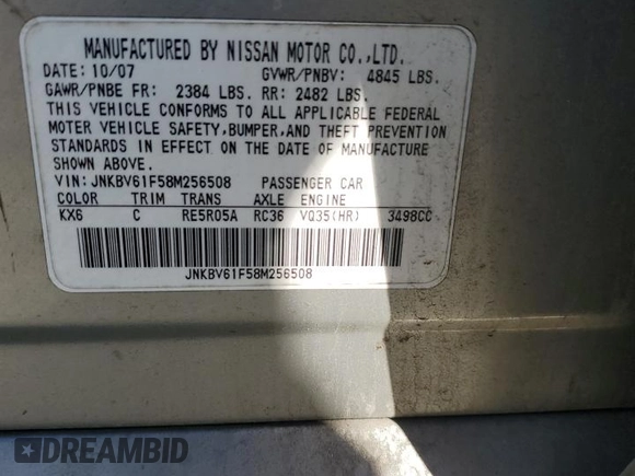 2008 Infiniti G35 x with VIN JNKBV61F58M256508, listed as a Copart auction lot 74454784 with Not Provided miles and Salvage Title. Bid and sale history available at DreamBid. Image 12.