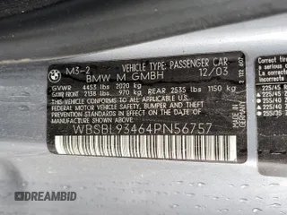 2004 BMW 3 Series M3 with VIN WBSBL93464PN56757, listed as a Copart auction lot 82568104 with 126,971 mi miles and Non Repairable. Bid and sale history available at DreamBid. Image 12.