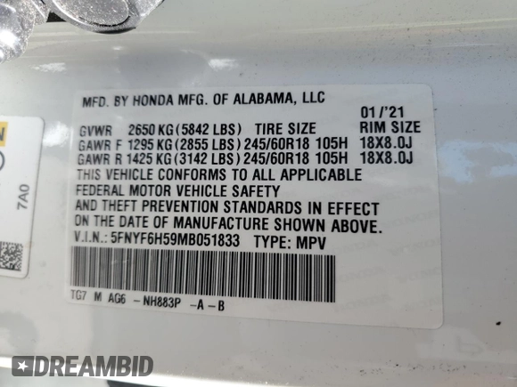 2021 Honda Pilot EX-L with VIN 5FNYF6H59MB051833, listed as a Copart auction lot 50360485 with 153,971 mi miles and Salvage Title. Bid and sale history available at DreamBid. Image 13.