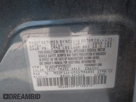 2015 Nissan Sentra SR with VIN 3N1AB7AP7FY283727, listed as a IAAI auction lot 42169723 with 210,360 mi miles and . Bid and sale history available at DreamBid. Image 9.