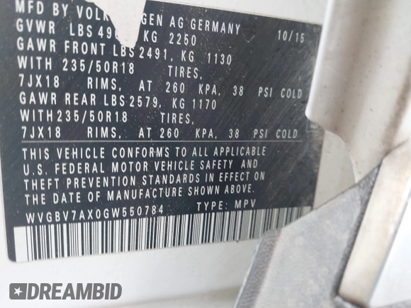 2016 Volkswagen Tiguan S with VIN WVGBV7AX0GW550784, listed as a IAAI auction lot 41817544 with 109,246 mi miles and . Bid and sale history available at DreamBid. Image 9.
