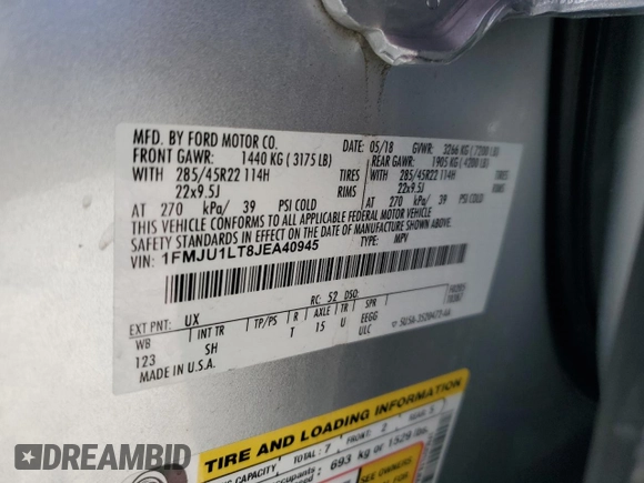 2018 Ford Expedition Platinum with VIN 1FMJU1LT8JEA40945, listed as a Copart auction lot 87919395 with 66,125 mi miles and Salvage Title. Bid and sale history available at carsss.com. Image 12.