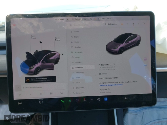 2020 Tesla Model 3 Long Range with VIN 5YJ3E1EB4LF619754, listed as a IAAI auction lot 41920422 with 82,430 mi miles and . Bid and sale history available at DreamBid. Image 7.