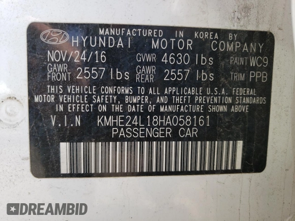 2017 Hyundai Sonata Hybrid SE with VIN KMHE24L18HA058161, listed as a Copart auction lot 52925333 with 37,935 mi miles. Bid and sale history available at carsss.com. Image 12.