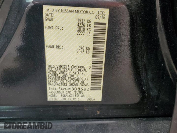 2017 Nissan Altima S with VIN 1N4AL3AP4HN308592, listed as a Copart auction lot 42440555 with 92,894 mi miles and Non Repairable. Bid and sale history available at DreamBid. Image 12.