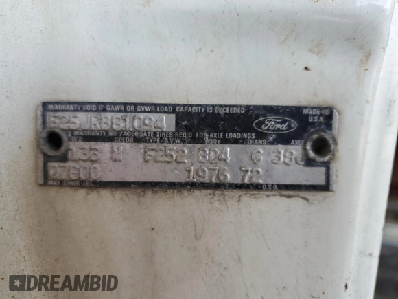 1976 Ford F-250 z VIN F25JRB81094, wystawiony jako Copart lot #55358685 z przebiegiem 7 481 mil mil oraz Szkoda całkowita • Salvage title. Historia ofert i sprzedaży dostępna na DreamBid. Obrazek 13.